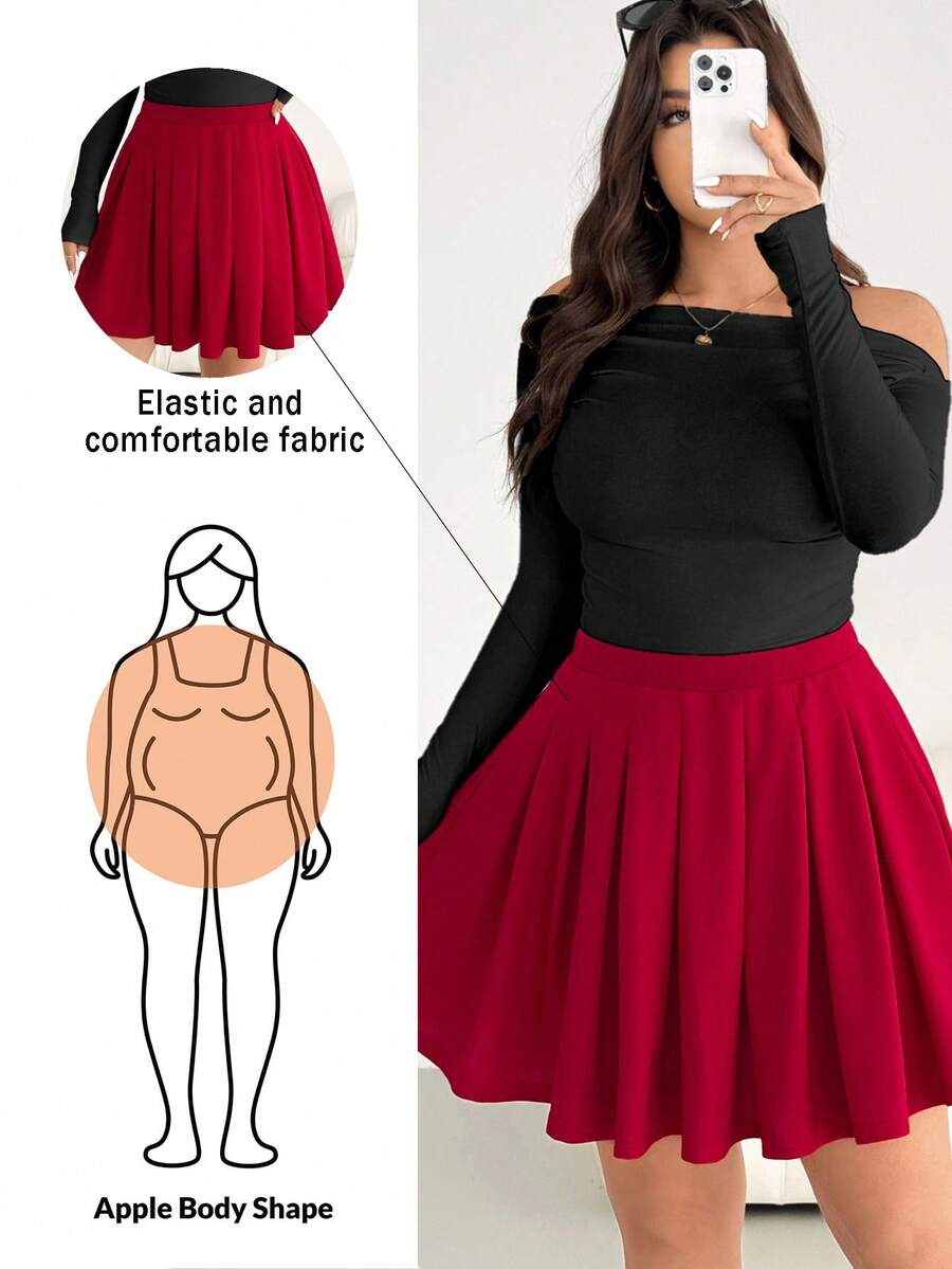 Shapeblank Váy midi xếp ly màu đỏ thời trang thu đông cỡ lớn cho nữ, dáng rộng thoải mái, dễ mặc hàng ngày, cơ bản, đa năng, ôm dáng, mùa thu, quần nữ, giáng sinh, năm mới - màu đen - Xem 1