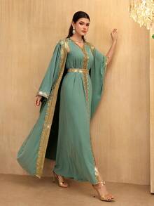 SHEIN Najma 2pcs Women's Exaggerated Ruffle Elegant Loose Casual Robe - Dark Green - View 6