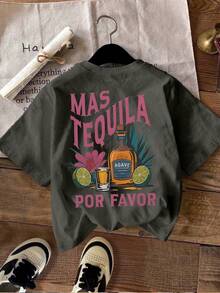 INAWLY 龙舌兰日出鸡尾酒玛格丽塔酒杯饮料柠檬花叶字母印花圆领休闲女式T恤，春夏休闲女式T恤 - 灰色 - 查看 2