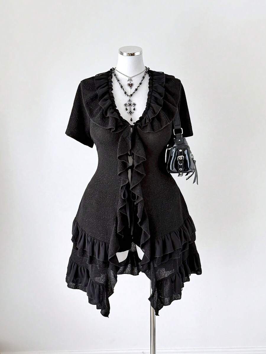 Sunspun Áo kiểu nữ cỡ lớn cổ bèo nhún thắt nơ phía trước - màu đen - Xem 1