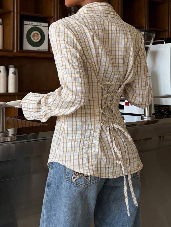 Muchica Women's Plaid Cinched Waist Slim Fit Long Sleeve Shirt  For Going Out Outfits, Back To School,Streetwear, Y2K Clothes