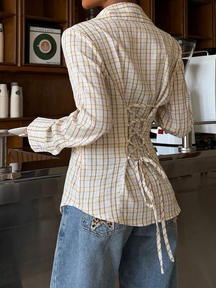 Muchica Women's Plaid Cinched Waist Slim Fit Long Sleeve Shirt  For Going Out Outfits, Back To School,Streetwear, Y2K Clothes - Multicolor - View 1