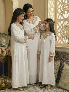 少女秋季洋裝 Al-Adha 白色花卉 Abaya，夏季波西米亞度假風保守迷你洋裝，秋季穿搭 - 白色 - 查看 3