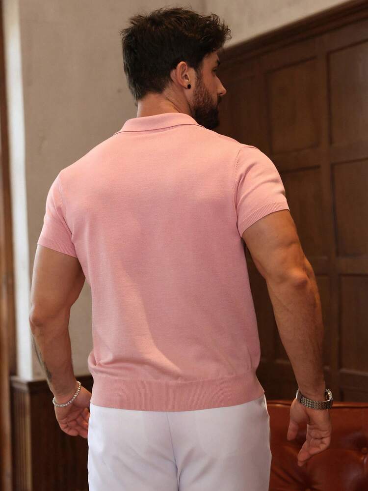 Men's Solid Pink Knit Pullover, Suitable For Commuting, Summer