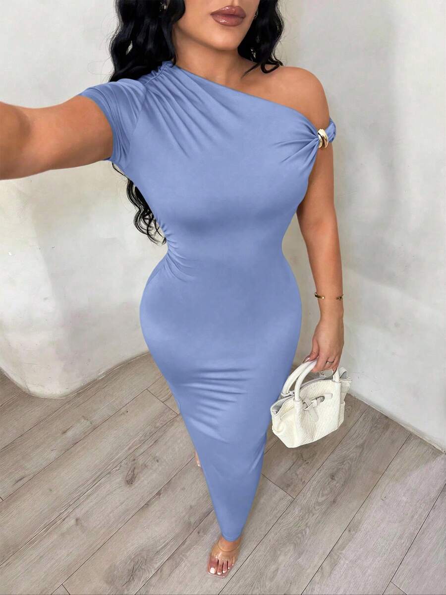 SHEIN SXY 不对称领口 不对称肩部 纯色修身优雅连衣裙 - 藍色 - 查看 1