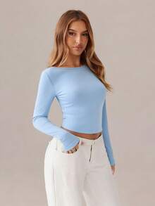 SHEIN SXY Black Top;Women's Sexy Contrasting Lace-Up Backless Slim-Fit T-Shirt; Women's Round Neck Long-Sleeved Solid Black Slim-Fit Bow Top, Suitable For Dating, Young And Sexy, Daily Outing, Autumn Clothing, Daily Dating Travel Wear; Daily Outing Office Wear - Blue - View 5