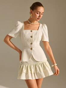 CLARA VERO White Tweed Puff Sleeve Layered Ruffle Skirt Set: Slim Fit And Girly Peplum Shape, Perfect For Afternoon Tea Parties Or Elegant City Events, Made In Non-Elastic Textured Polyester Featuring Gold Button Down Front And Double Layered Skirt White Vintage Dress Square Neck Blouse French Style Dress Tweed Two Piece Set - Olive Green - View 3