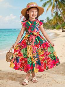 SHEIN Young Girl Cake Flower Pattern Dress With Belt And Ruffle Sleeves - Red - View 2