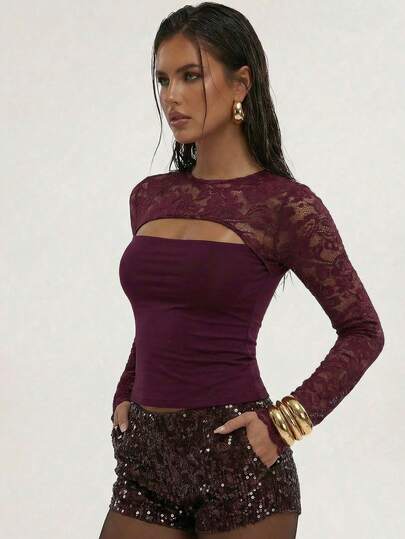 SHEIN BAE Spring/Summer Women's Elegant Burgundy Solid Color Lace-Panel Cutout T-Shirt Perfect For Everyday Wear, Dates, Romantic Outings, Casual Strolls, Work Commutes Burgundy Lace-Panel Top, Elegant Burgundy Top, Elegant Top, Lace Top, Burgundy Top