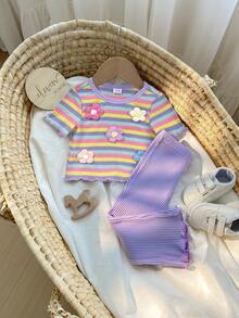 SHEIN 女婴夏季休闲条纹花卉装饰T恤和喇叭裤套装 - 彩色 - 查看 3