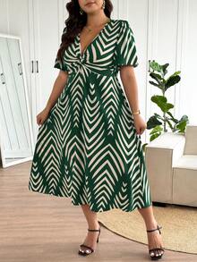 SHEIN Frenchy 大码女式条纹扭结设计荷叶袖优雅中长连衣裙 - 墨綠色 - 查看 6