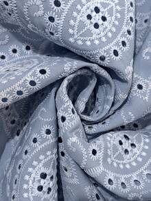 Elaquor 大码女式时尚优雅网纱刺绣长袖镂空上衣，浅蓝色镂空上衣，春季女装。 - 藍色 - 查看 6