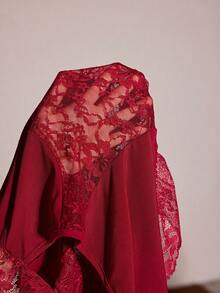 SHEIN Wine Red Women's Ruffled Lace Patchwork Side Hollow Out Camisole Pajama Set - Burgundy - View 8