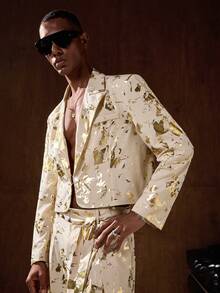 AKNOTIC Business Casual 男士时尚派对宴会全印花金色尖领西装外套和褶裥锥形西装裤套装 - 金色 - 查看 4