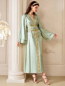 Al Najma Women's V-Neck Beaded Floral Pattern Cinching Waist Design Elegant Cinched Waist Arabic Style Dress - Green - View 7