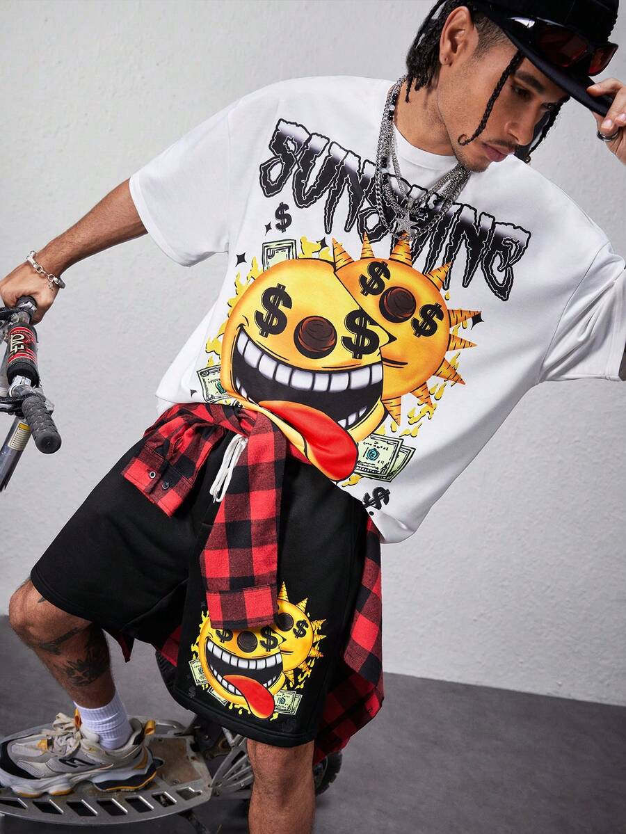 Manfinity NXTstreet Men's Loose Digital Print Short Sleeve T-Shirt Set - Black and White - View 1