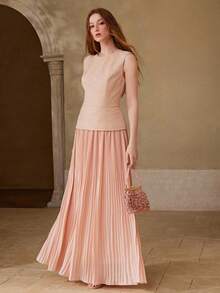 MOTF PREMIUM WOMEN'S ELEGANT LACE PATCHWORK PLEATED DRESS, SPRING/SUMMER - Pink - View 2