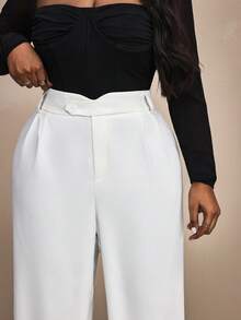 Truni Plus Size Solid Color Straight-Leg Pants With Diagonal Pockets, For Pear Triangle Body Shape - White - View 7