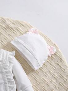 SHEIN Bộ đồ liền thân mềm mại cho bé gái sơ sinh cổ tròn tay dài xếp nếp họa tiết chim hoa, mùa thu/đông - trắng - Xem 7