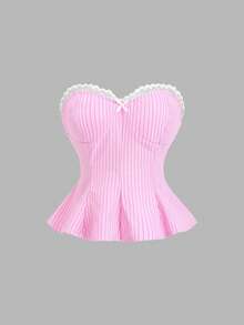 SHEIN Sweetro 2pcs Women Lace Patchwork Striped Bandeau Top And Straight Leg Pants Set - Pink - View 3