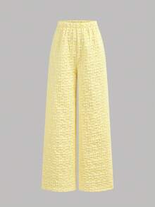 SHEIN Teen Girl Casual Vacation Spaghetti Strap Yellow Textured Print Camisole And Long Pants 2 Pieces Set - Yellow - View 5