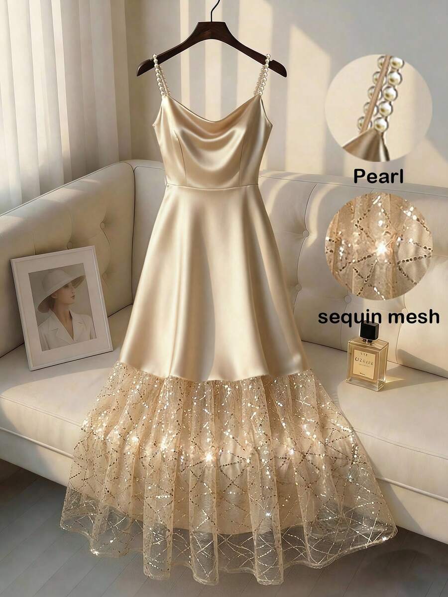 Franclia Elegant Satin Pearl Halter Neck A-Line Dress With Sequined And Sequined Trim, Perfect For Parties, Dates, Minimalist Style, And Sophisticated Looks. Suitable For Summer, Summer Wear, And Various Occasions. Also Suitable For Weddings, Parties, And Events. Ideal For Bridesmaids, And More. - Apricot - View 1