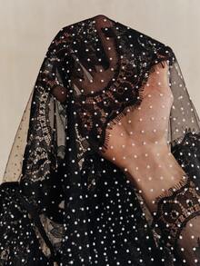 Anewsta 女士性感薄纱蕾丝荷叶边长袖衬衫 - 黑色 - 查看 8