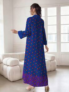SHEIN Najma 女士花卉植物印花撞色V领长袖优雅阿拉伯风格长款连衣裙，春秋季 - 彩色 - 查看 2