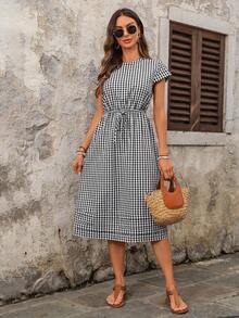 EMERY ROSE 女士休闲格子印花短袖连衣裙 - 黑與白 - 查看 4