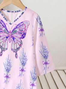 Baby Girl Butterfly Print Pattern Pink Children Jalabiya Dress - Multicolor - View 6