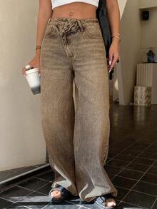 Jeans de pierna recta con diseño de cintura baja para mujer - Marrón - Ver 7