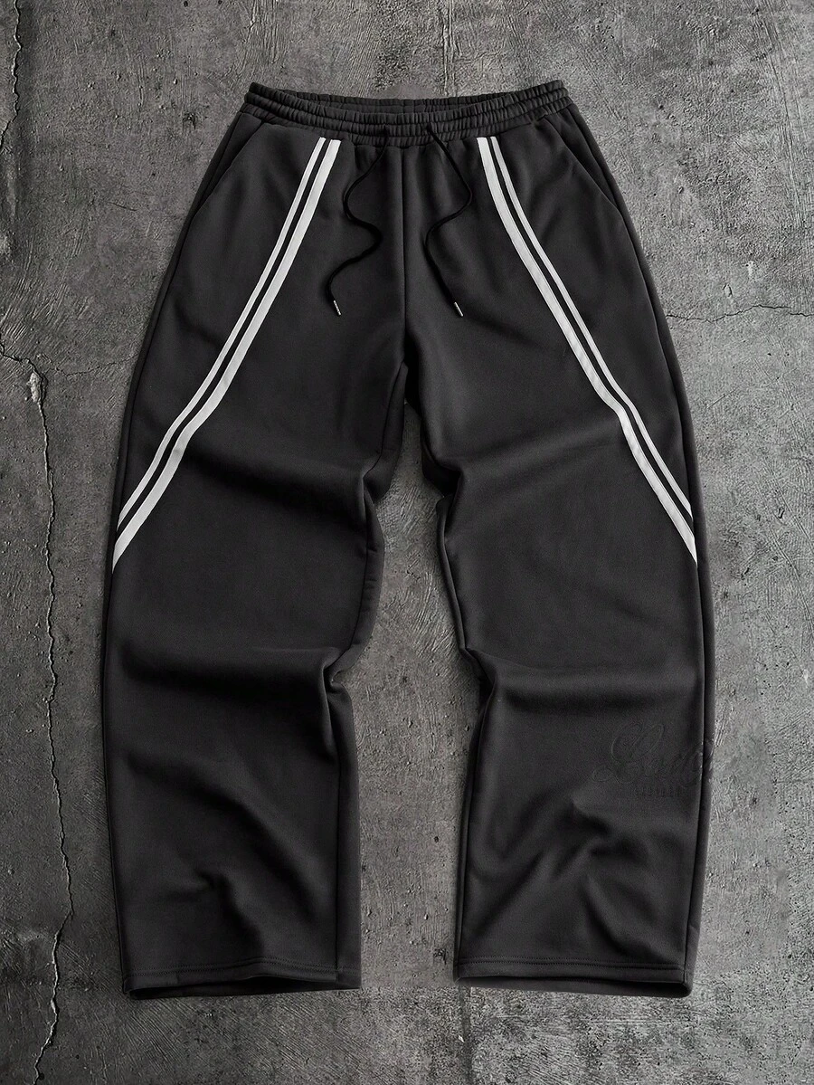 Manfinity NXTstreet Pantalones deportivos casuales de hombre con cintura con cordón y diseño de parches y rayas - Gris - Ver 1