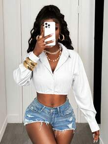 BamGleam Áo sơ mi tay dài gợi cảm cài nút phía trước - trắng - Xem 6