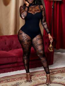 Slaydiva Women's Sexy Lace Long Sleeve Bodysuit - Black - View 1