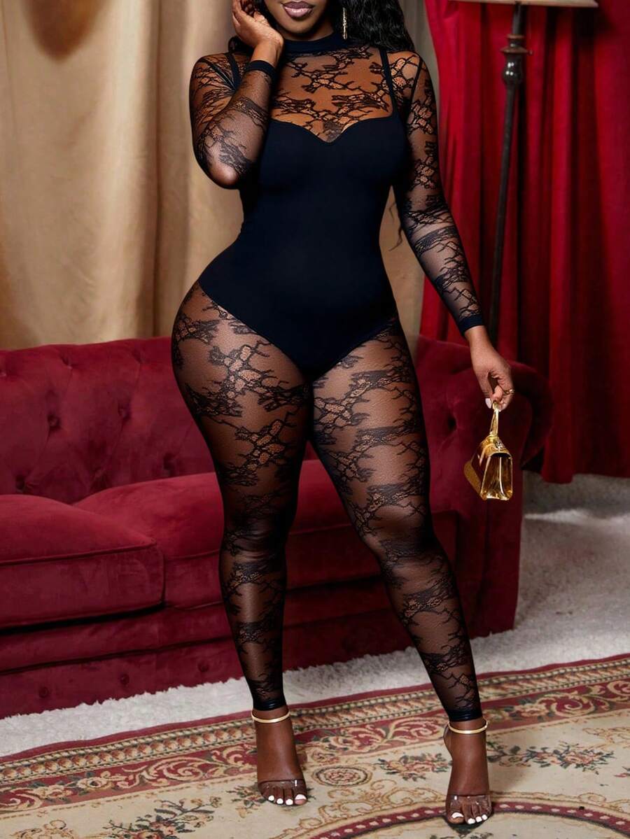 Slaydiva Women's Sexy Lace Long Sleeve Bodysuit - Black - View 1