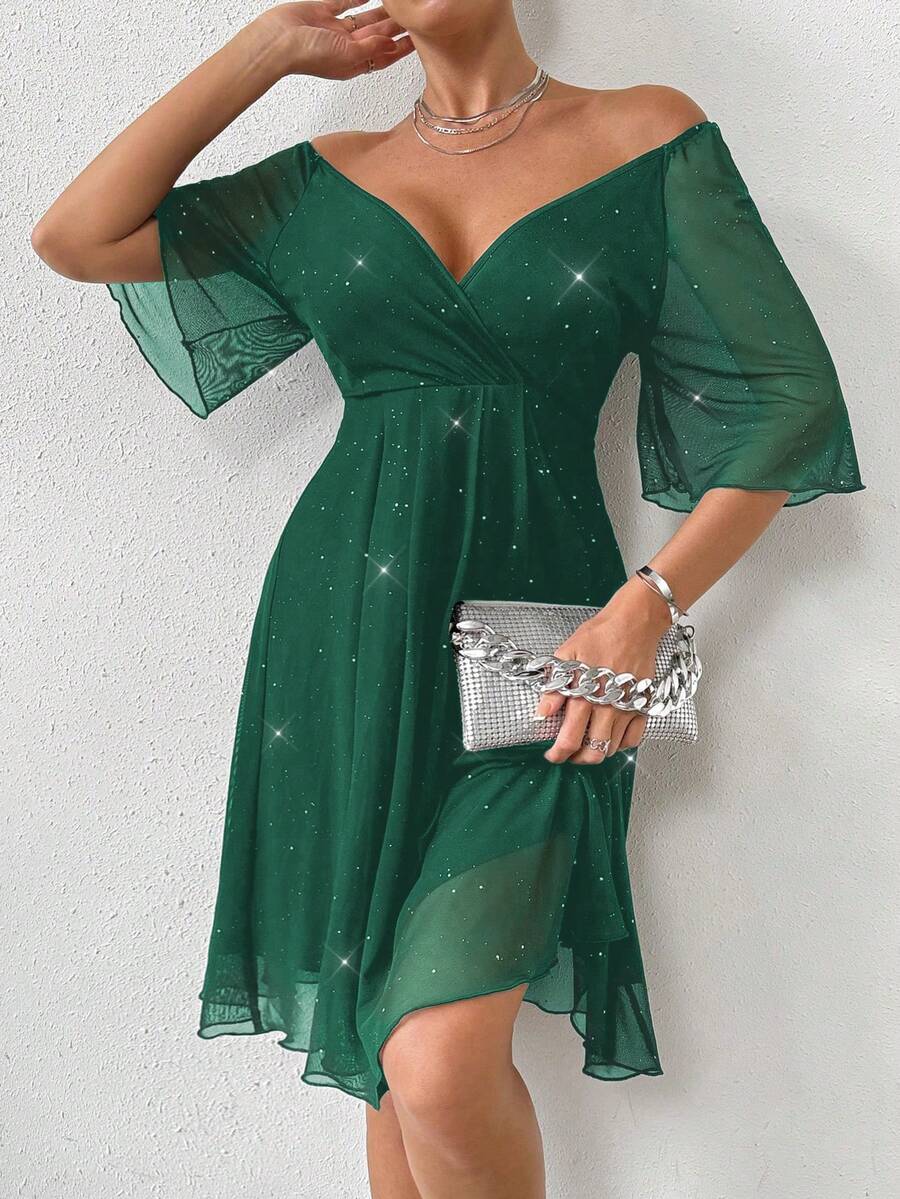 Rafferiza Mesh Embossed Ruffle Sleeve Waist Cinched Mini Dress - Green - View 1