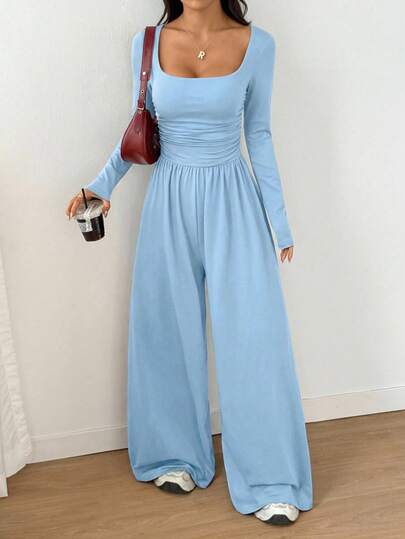 SHEIN Unity Women's Casual Solid Color Square Neck Long Sleeve Wide Leg Jumpsuit