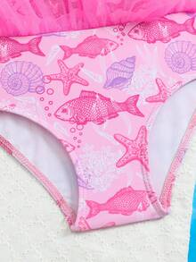 Young Girl Summer Vacation Beach Fish Print Ruffle Mesh One-Piece Swimsuit - Pink - View 5