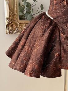 Lovelzi 优雅奢华的红色提花织物手工珍珠装饰甜心领复古腰线A字短款女士正式晚礼服 - 咖啡棕 - 查看 5