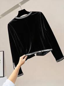 GlowEve CURVE Plus Size Women Velvet Fabric Beaded Trim Fashionable Casual Everyday Zip-Up Long Sleeve Jacket - Black - View 2