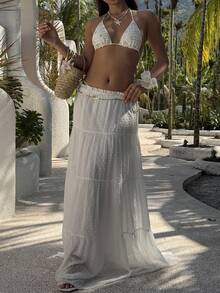 Sunnyshic 女士白色雪纺绒球提花面料低腰层叠荷叶边半身裙，优雅波西米亚风格，适合春夏、度假、婚礼、休闲穿着 - 白色 - 查看 7