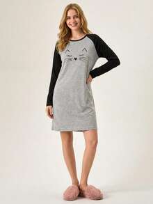 Loomlin Women Contrast Colour Long Sleeve Detail With Cat Face Printed Sleepshirt
