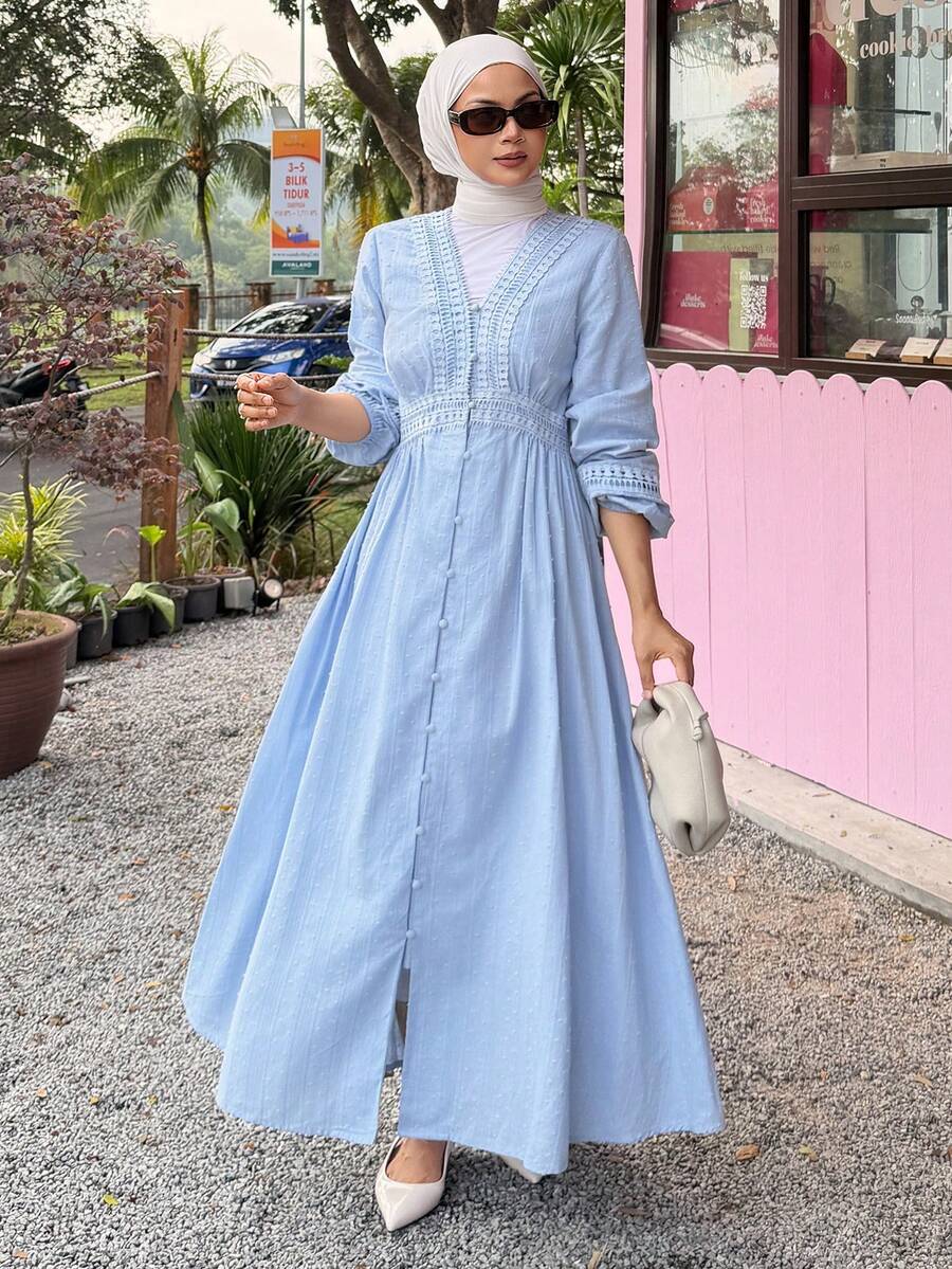 DAZY Women's Elegant Lace Patchwork Textured V-Neck Mid-Length Dress, Spring/Summer Wedding Guest Dress - Blue - View 1