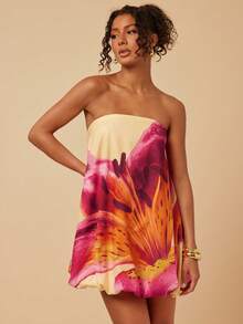 Travachic 女士碎花抹胸泡泡裙，性感海滩度假风，夏季 - 彩色 - 查看 5