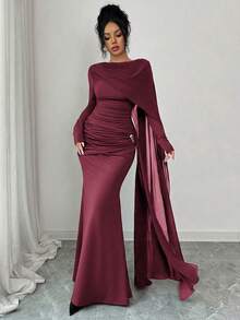 Elenzga Asymmetric Cape Collar Swing Waist Pleated Metal Decor A-Line Elegant Romantic Sophisticated Women's Dress, Velvet Fabric, Autumn/Winter - Burgundy - View 3
