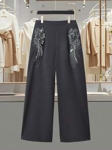 Modelyn 大码女士优雅花卉装饰直筒裤，时尚百搭，适合工作和都市通勤，显瘦 - 深灰色 - 查看 1