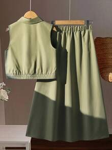 Tween Girls Utility Style Zip-Up Top And Skirt Set, Suitable For Casual Outings, Vacations, And School Wear - Army Green - View 2