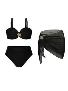 Swim Oasis Plus Size Women's 3-Piece Set, 2026 New Solid Color Black Fashion Vacation Daily Casual Sexy Detachable Strap High Waist Triangle Panty Sheer Mesh Skirt Metal Flower Decor Bikini High-End Swimsuit Set - Black - View 1