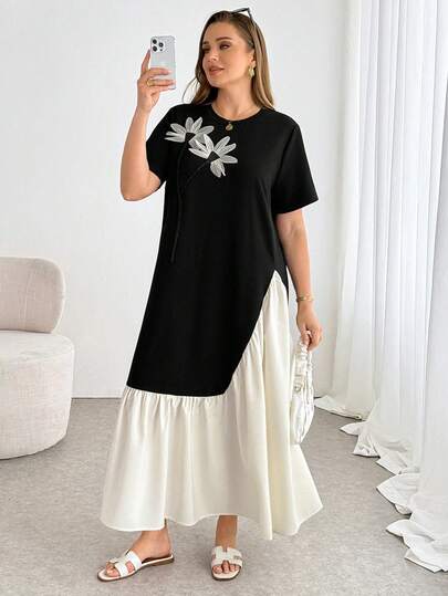 Shapeblank 大码女装春夏时尚休闲宽松优雅舒适日常显瘦花卉装饰黑色拼接二合一长连衣裙，夏季套装，母女装