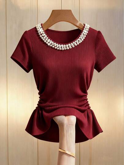 Franclia Women's Red Blouse, Women's Top, Women's Short-Sleeved Knitted Ribbed Top, Women's Beaded Embroidery Pearl Design Elegant T-Shirt, Medium To High-Elasticity Knitted Top, Chinese-Style Romantic Valentine's Day Outfit, Red T-Shirt Top, Wedding Guest Attire, Elegant Evening Wear, Outerwear With Retro, Slim-Fit Design, Versatile For Everyday Casual Wear.